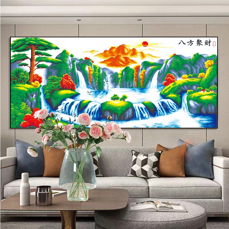 新款满绣十字绣八方聚财线绣客厅办公室聚宝盆大气中式手工刺绣