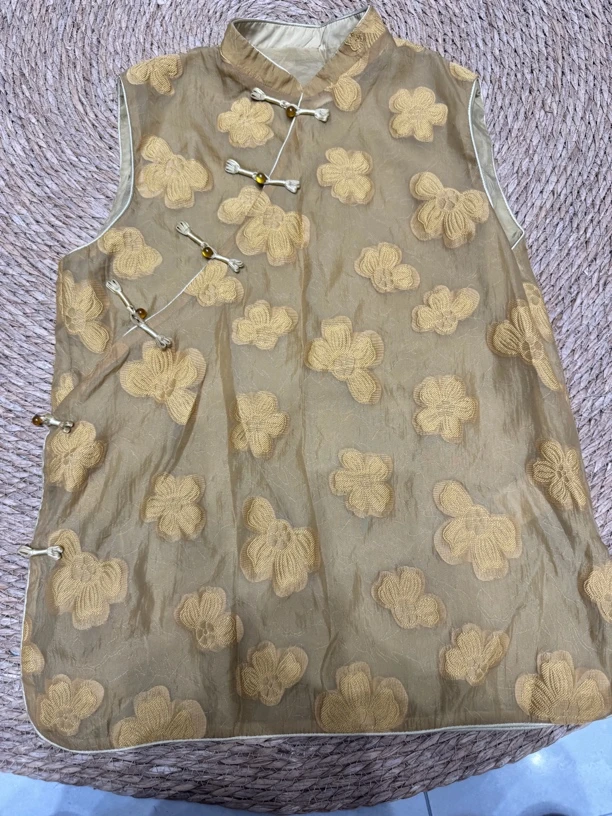 复古盘扣立领无袖雪纺马甲背心夏季韩版显瘦重工绣花纯色上衣印花