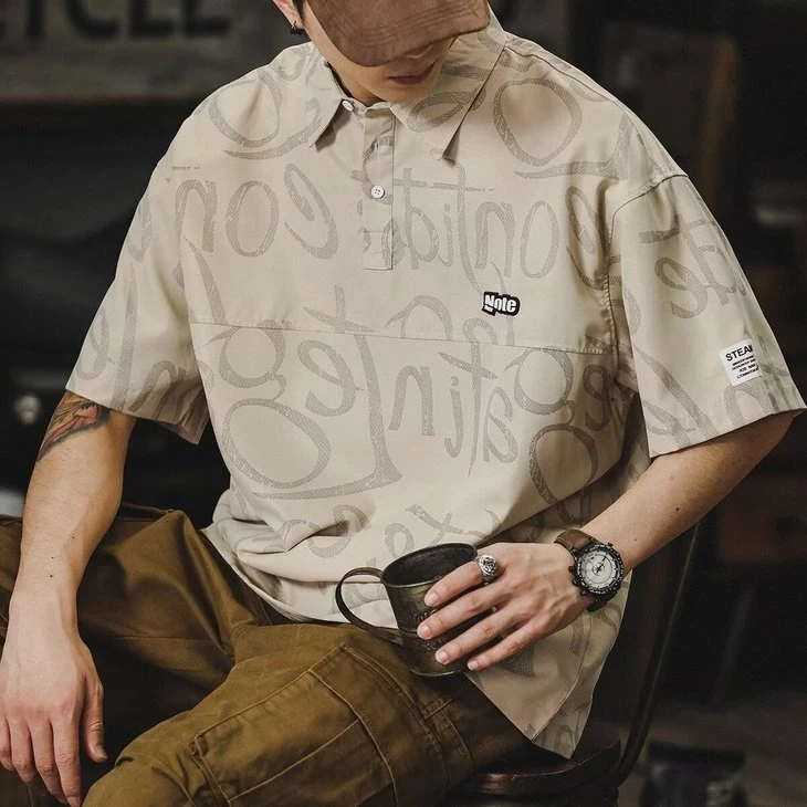 男士趣味polo衫夏季轻熟风美式休闲宽松设计感ins潮流百搭体恤