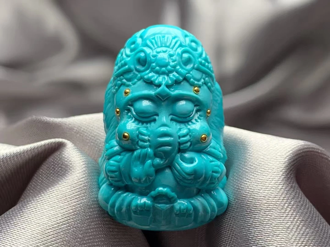 原矿高瓷蓝绿松石精品精工象神宝宝，24k金镶嵌点缀，可做吊坠