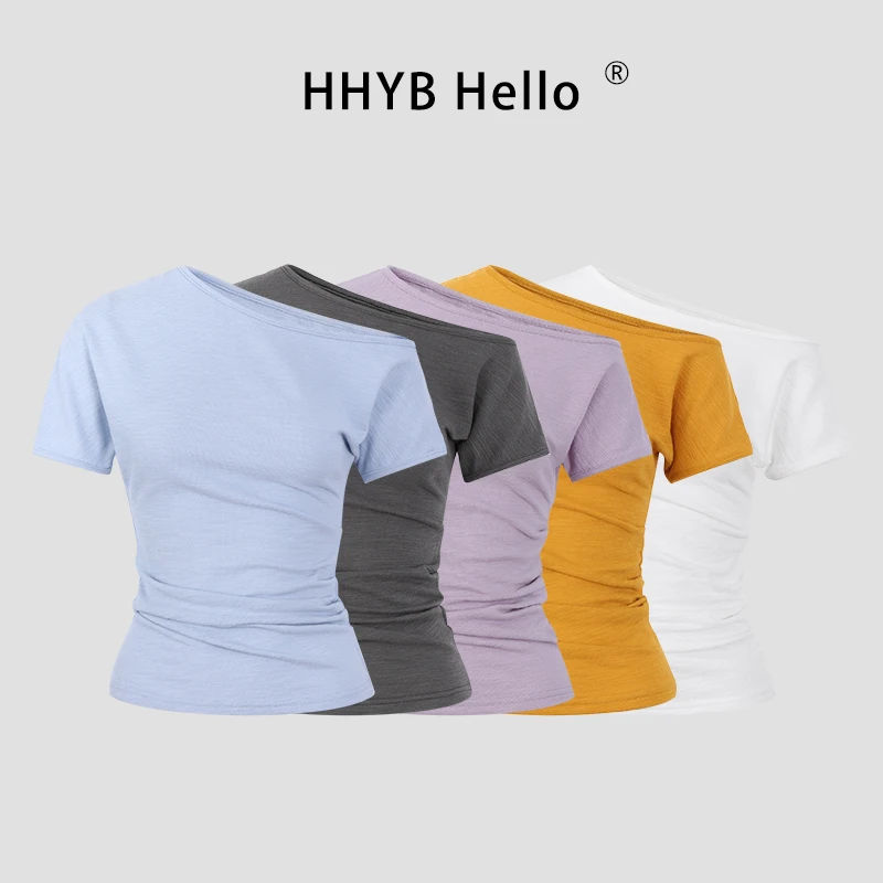 HHYB Hello法式肌理感褶皱T恤女设计感修身显瘦露肩上衣250369