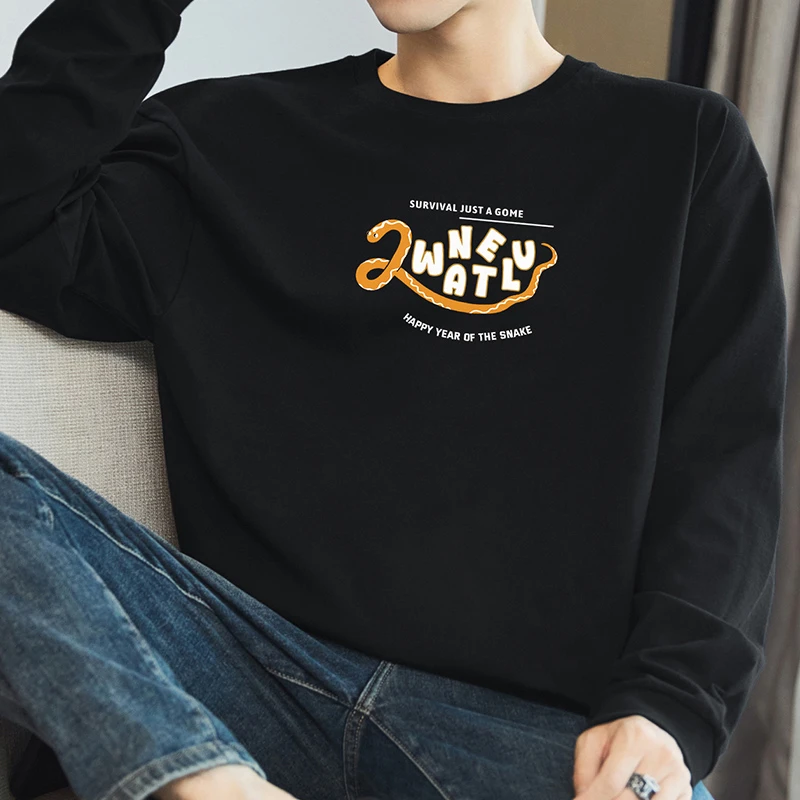 260g重磅纯棉长袖t恤男内搭黑色打底衫潮流蛇年印花秋衣全棉小衫