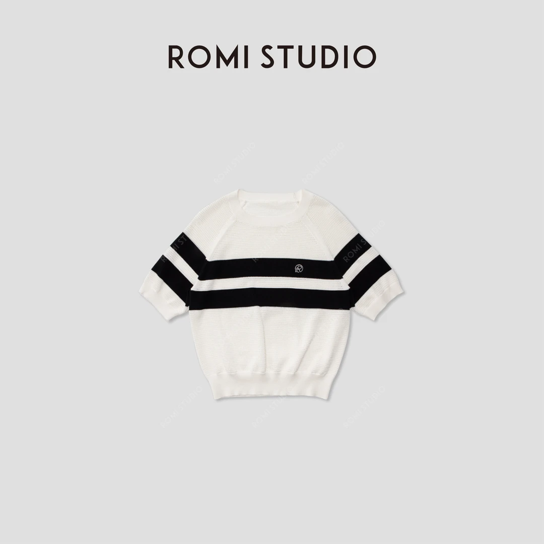 ROMI STUDIO【高品质】简约百搭 条纹镂空拼色针织短袖 M3466
