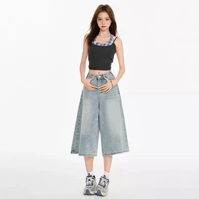 雪千羽2025夏季新款美式复古高腰宽松阔腿显瘦直筒七分裤牛仔裤女