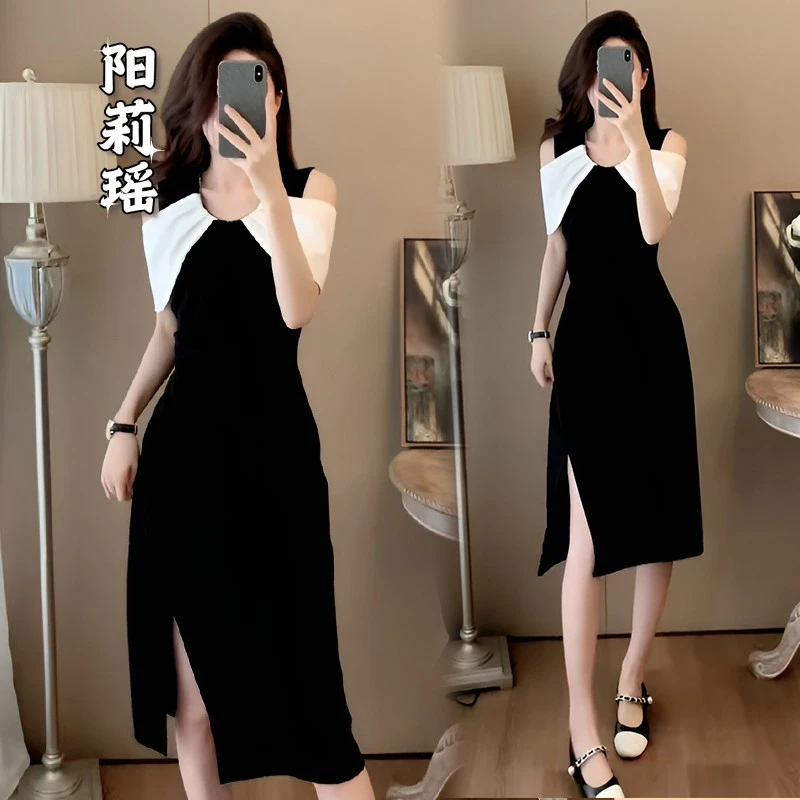 时尚气质露肩连衣裙女装2025夏季新款宽松显瘦拼接收腰开叉裙子潮