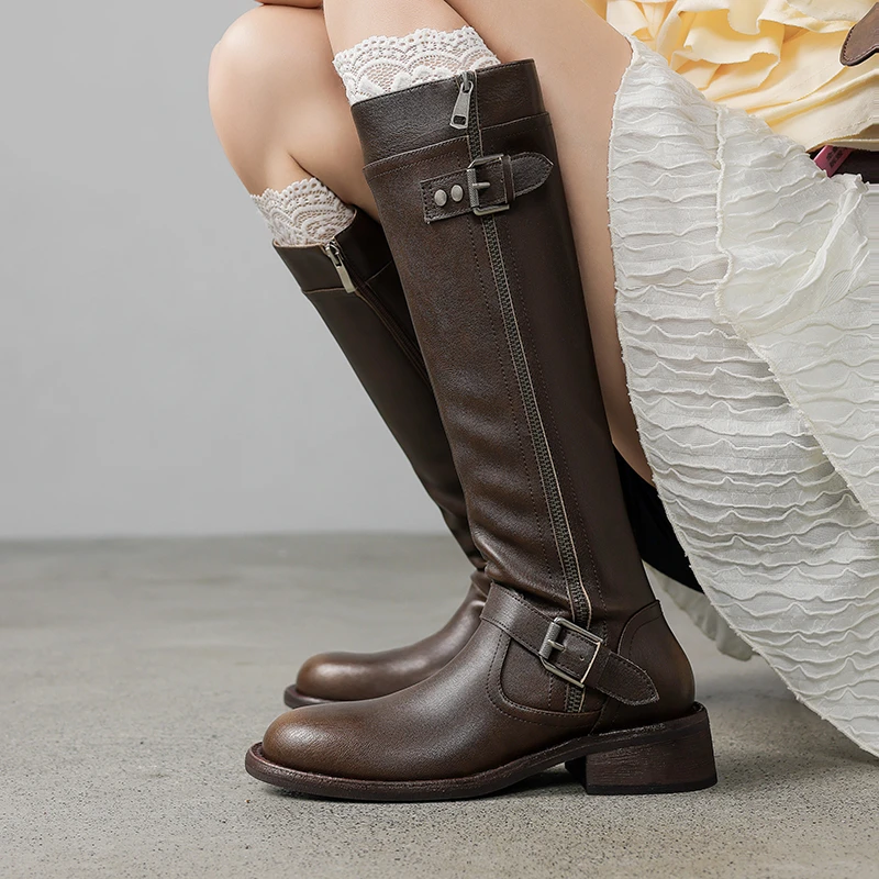 VICEN FIFI4cm牛皮骑士靴女2025新款长筒显瘦高筒靴粗跟机车靴子