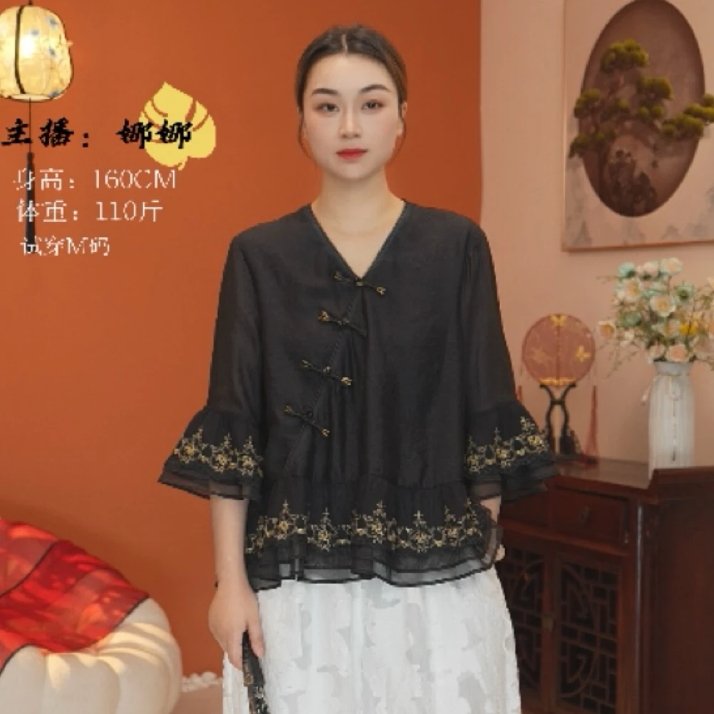 红熹潮(HXC115黑）夏季新中式人丝7分袖设计师款高级显瘦短款上衣