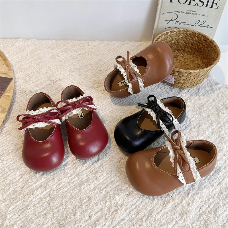 女童韩版蕾丝花边小皮鞋2025年秋季新款魔术贴浅口公主鞋儿童单鞋
