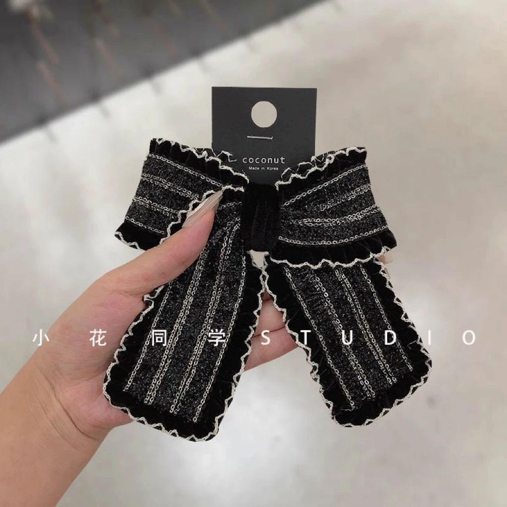 韩国饰品2025新款黑色米白咖啡色小香风编织亮片蝴蝶结弹簧夹发夹