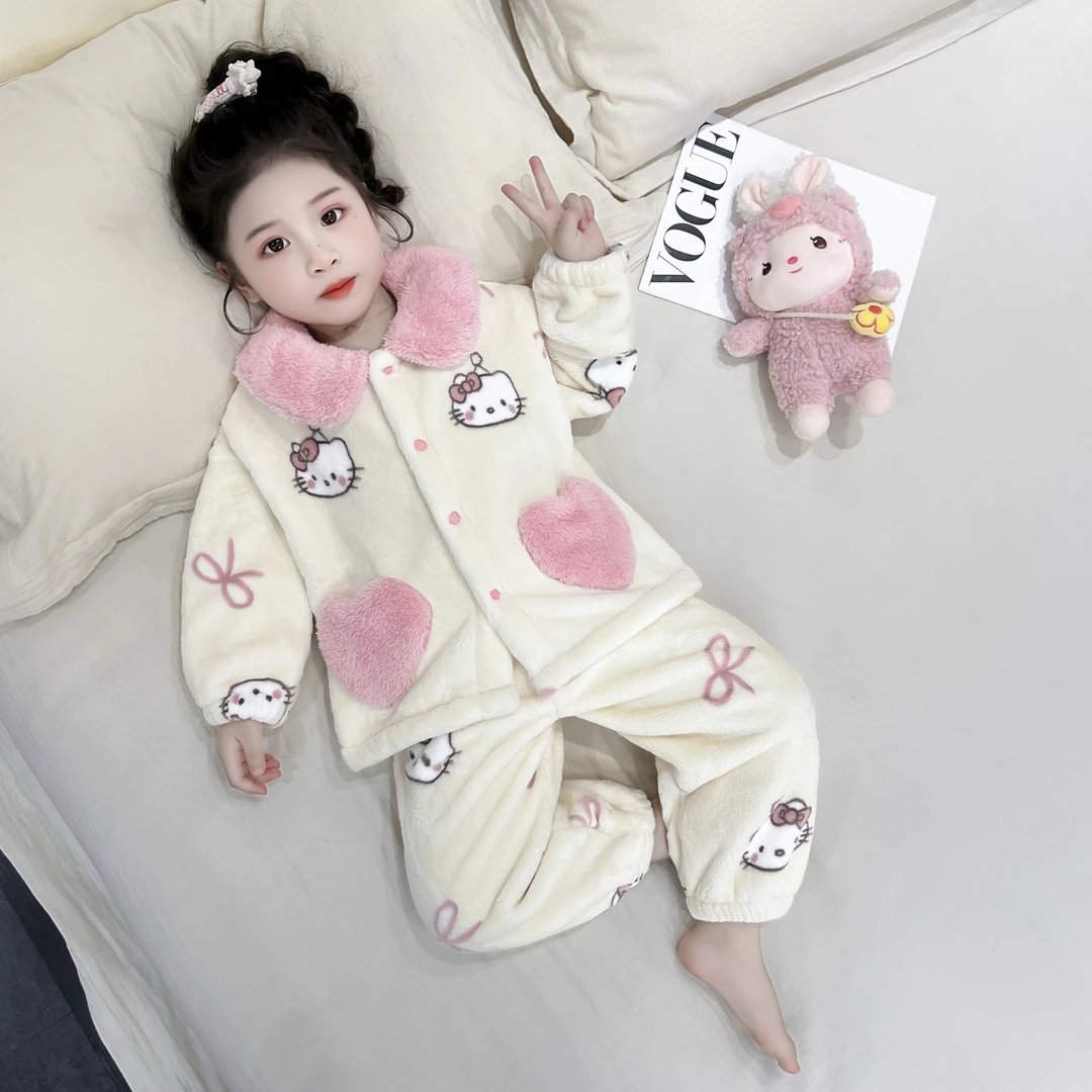 232 女童2025秋冬新品珊瑚绒考拉绒爱心KT开衫套装儿童家居服睡衣