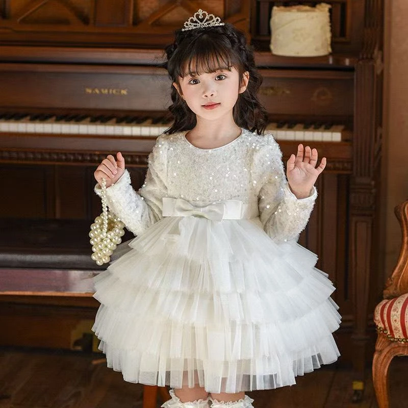 女童白色连衣裙生日礼服儿童参加婚礼秋冬party裙儿童十岁公主裙