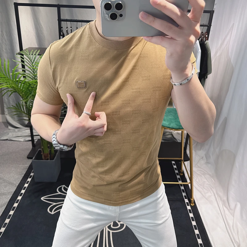 DeweLvum夏季新款时尚休闲百搭短袖t恤男修身圆领薄款上衣拿男装