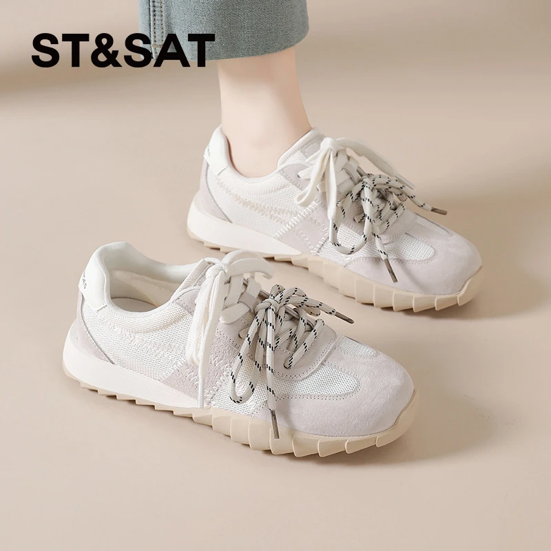 星期六德训鞋女款2025夏季新款透气网面阿甘鞋运动板鞋厚底休闲鞋