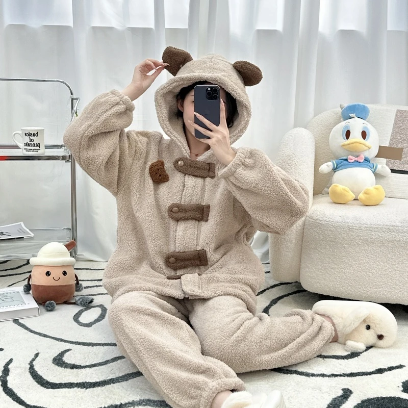 女士睡衣秋冬季半边绒简约高级感加厚卡通少女冬天家居服套装外穿