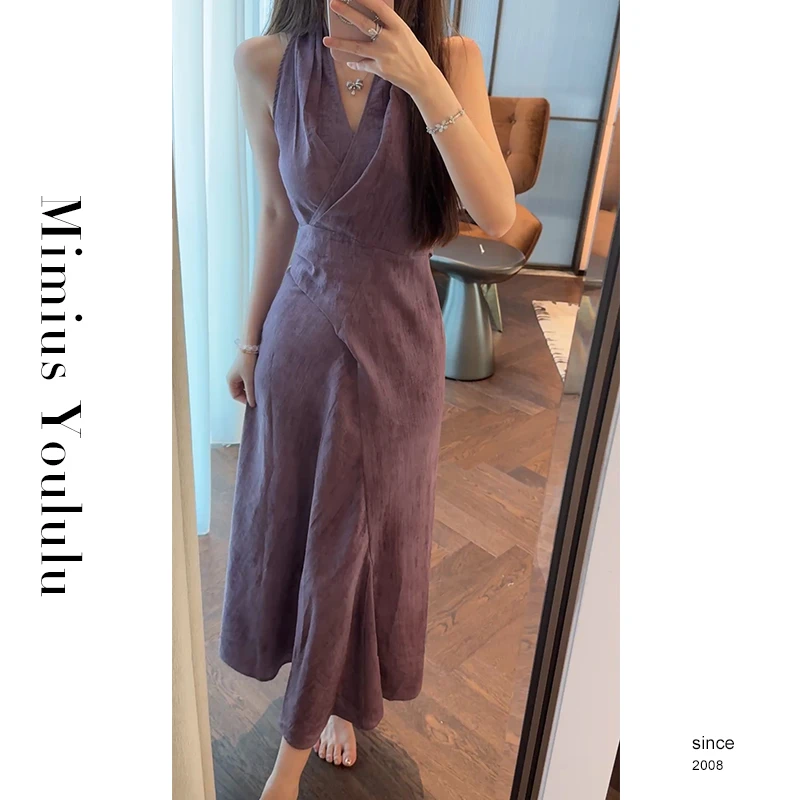 【mimius】U 气质高级感V领挂脖绑带收腰显瘦连衣裙 G06202