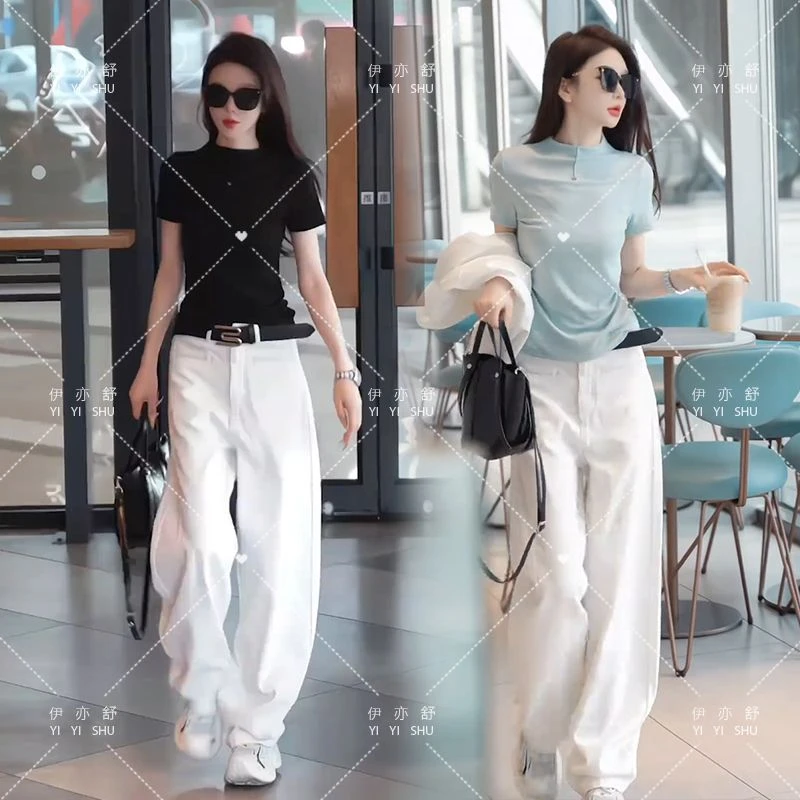 高档洋气夏季套装女2025新款高级感修身短袖T恤高腰阔腿裤两件套