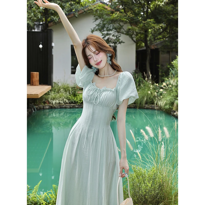 实拍 夏季新款女装法式复古方领荷叶边裙子短袖雪纺连衣裙