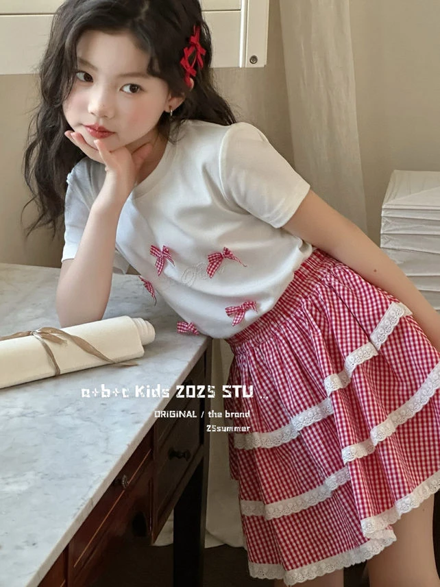 【haobaby】夏款红格纹丝带蝴蝶结蛋糕裙套装6627