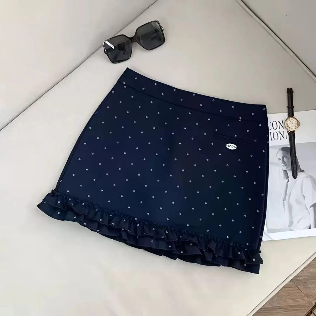 2025春夏季新款波点高腰半身裙时尚木耳边拼接包臀短裙女A字裙子