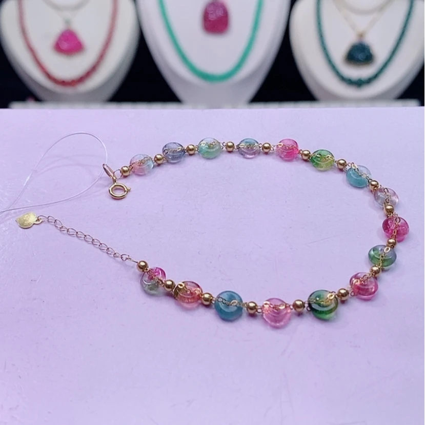 【闪购商品】碧玺手链18K金镶嵌碧玺平安扣手链