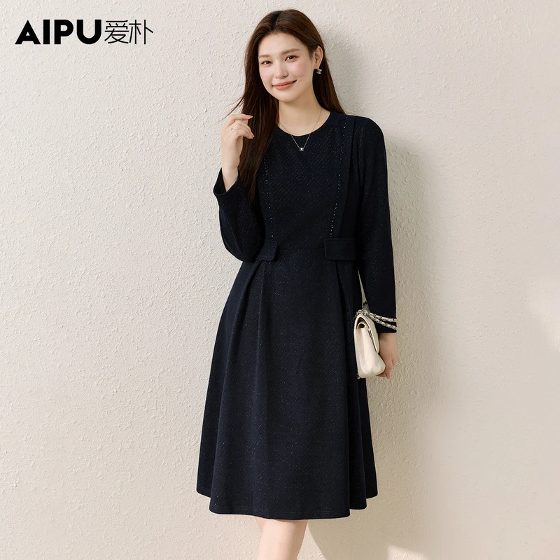 爱朴大码女装秋季新款显瘦遮肉外出洋气百搭气质高贵连衣裙32745