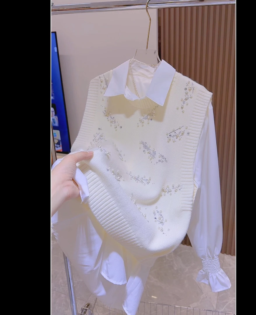 248春秋烫钻钉珠针织马甲2025新款圆领无袖百搭马夹上衣坎肩套装