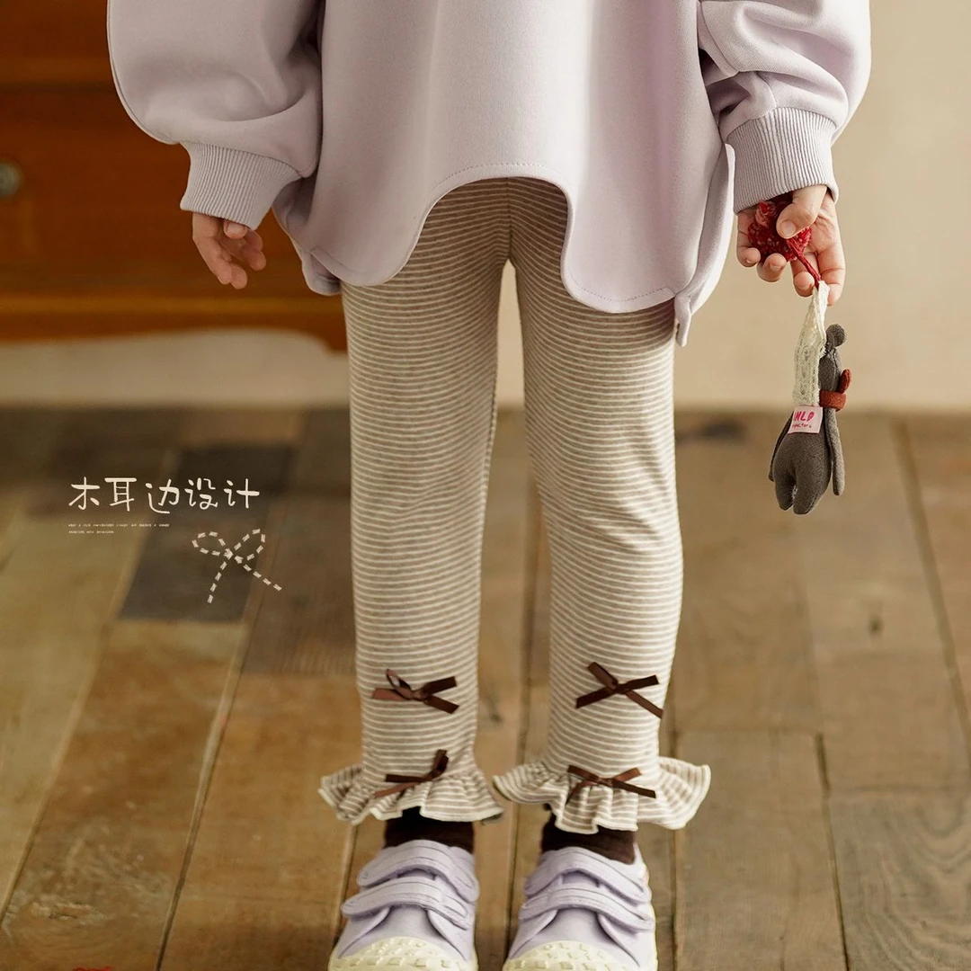 砚台家童装韩系女童条纹打底裤秋季儿童花边长裤中小童紧身弹力裤