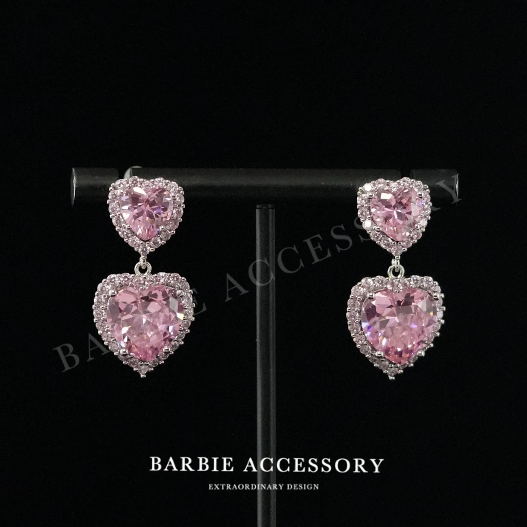 铜合金合成锆石耳饰 【双心粉意】时尚轻奢设计款高级绝美百搭耳饰