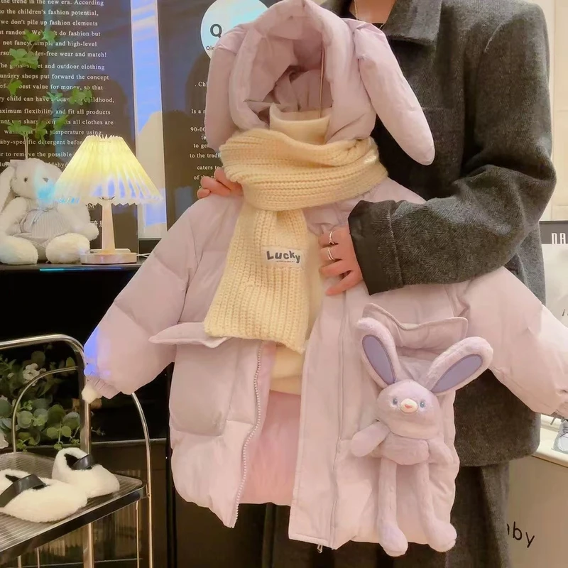 女童紫色兔子耳朵款中长加厚羽绒服