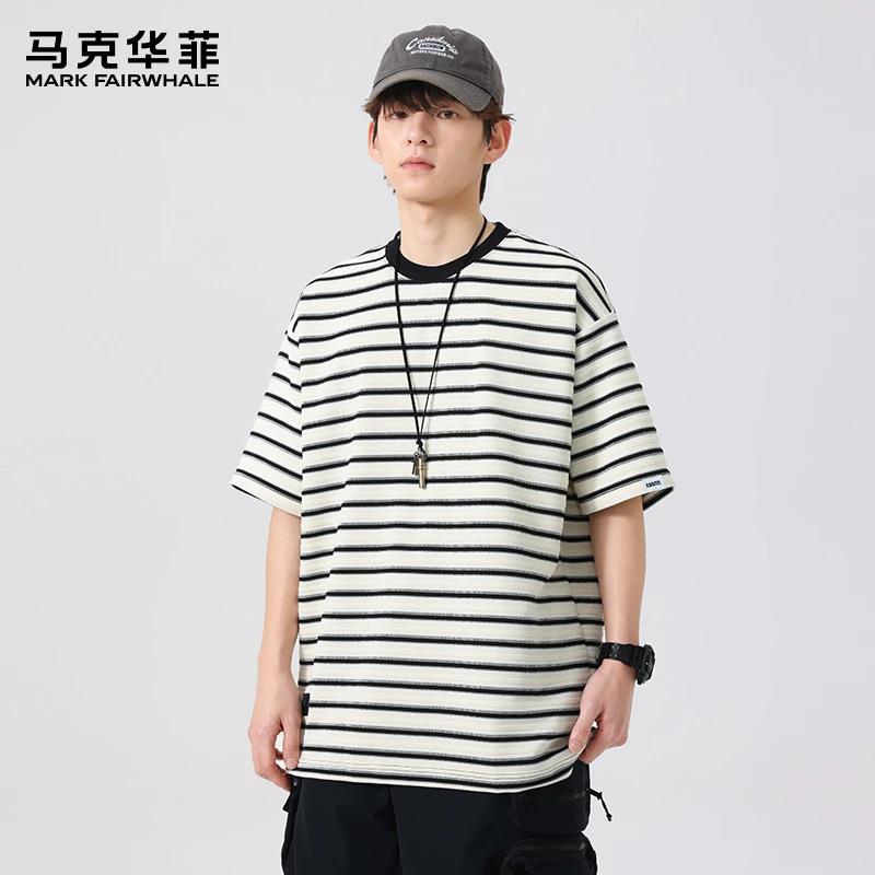 马克华菲夏季薄款美式复古条纹短袖t恤男士潮牌圆领半袖打底衫