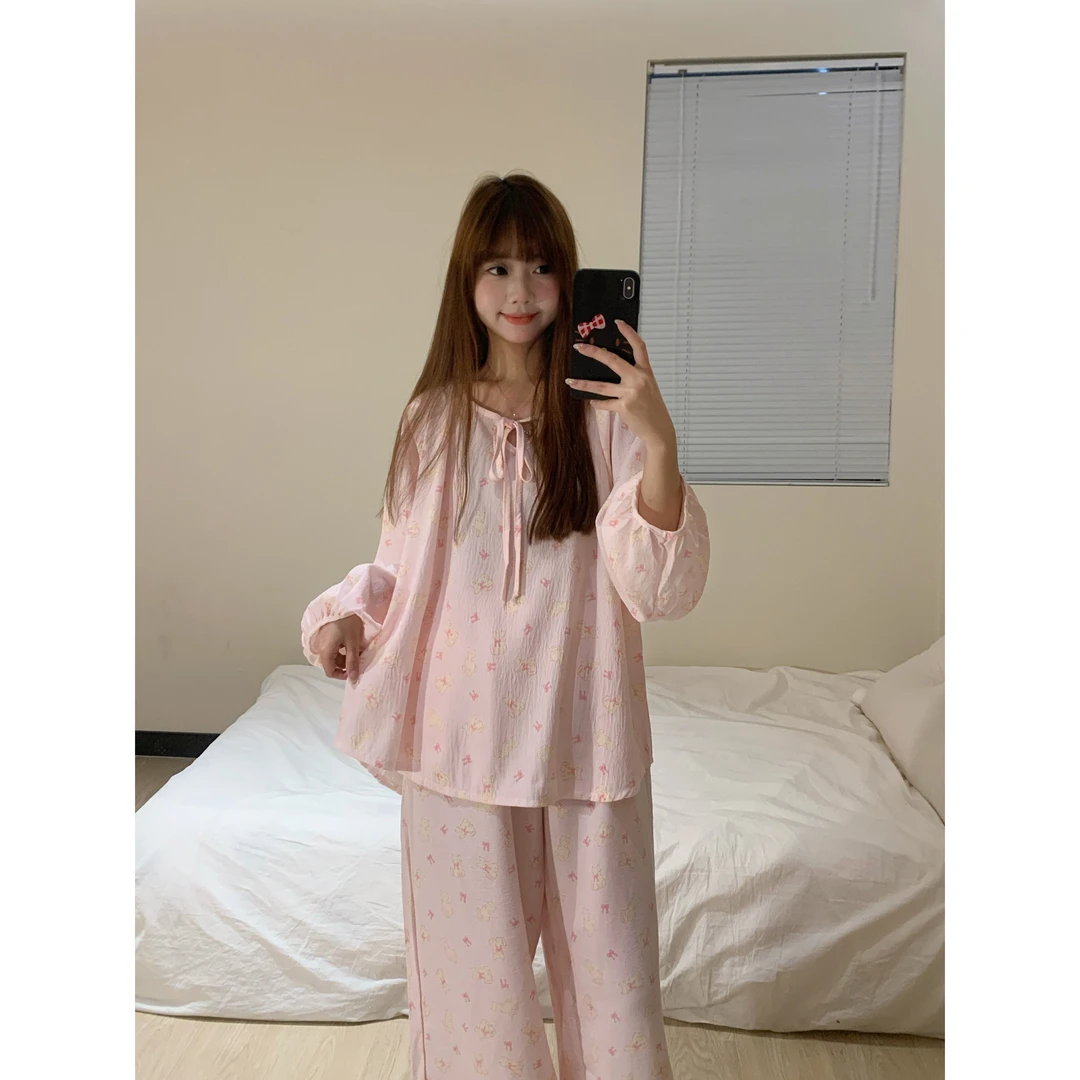 【粉嫩猫咪】卡通印花睡衣女秋冬款长袖长裤大码休闲可外穿家居服