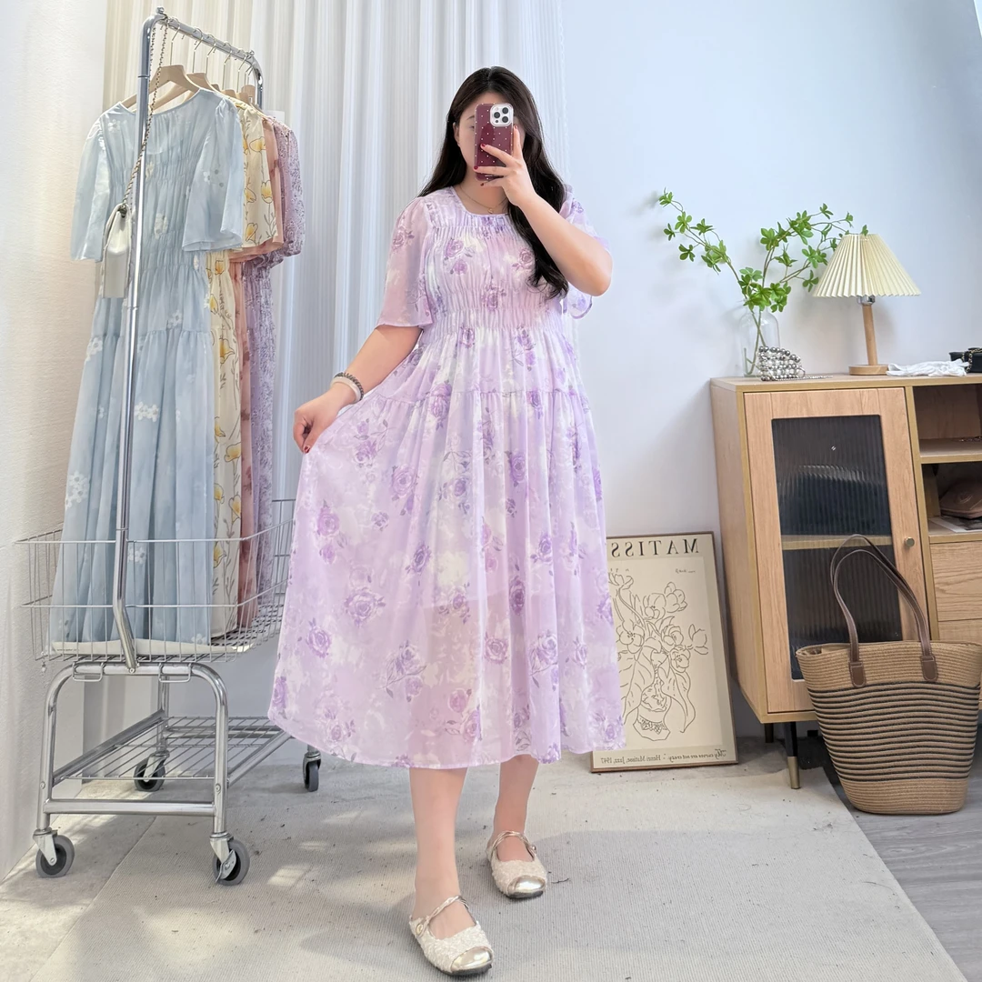 气质显白【紫衣仙女】优雅仙气飘飘大码胖mm松紧腰遮肉显瘦连衣裙