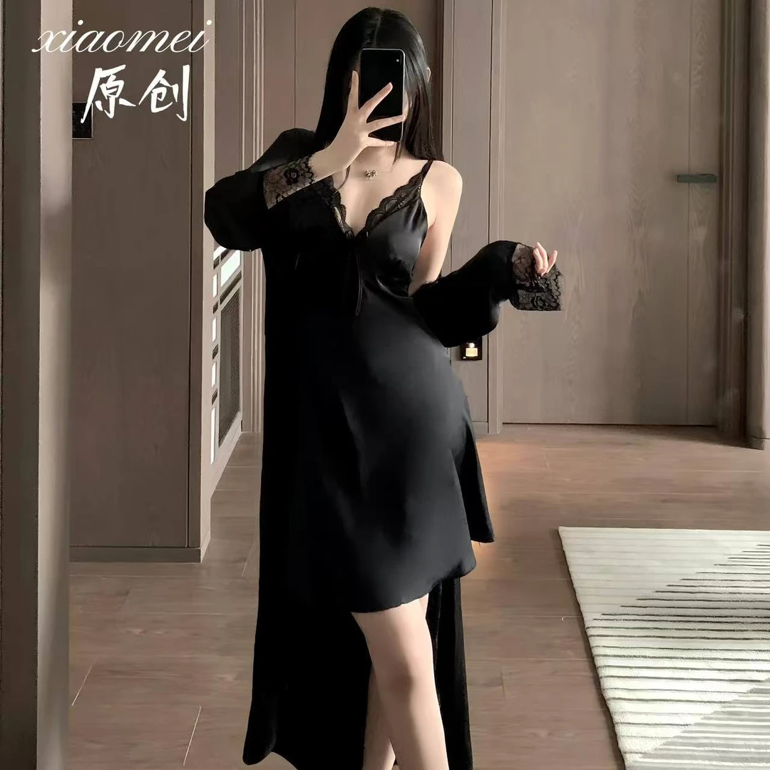 【黑白月光】2025新款冰丝吊带外袍套装夏季家居服性感显瘦气质睡裙