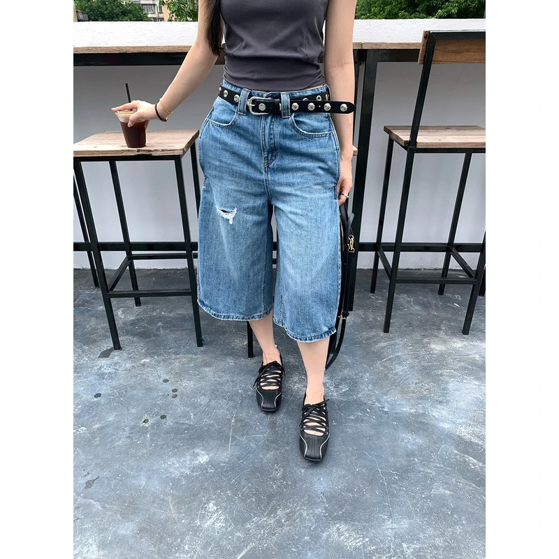 【清】NO退换ONEXH·2025夏季设计款破洞牛仔美式复古宽松阔腿七分裤