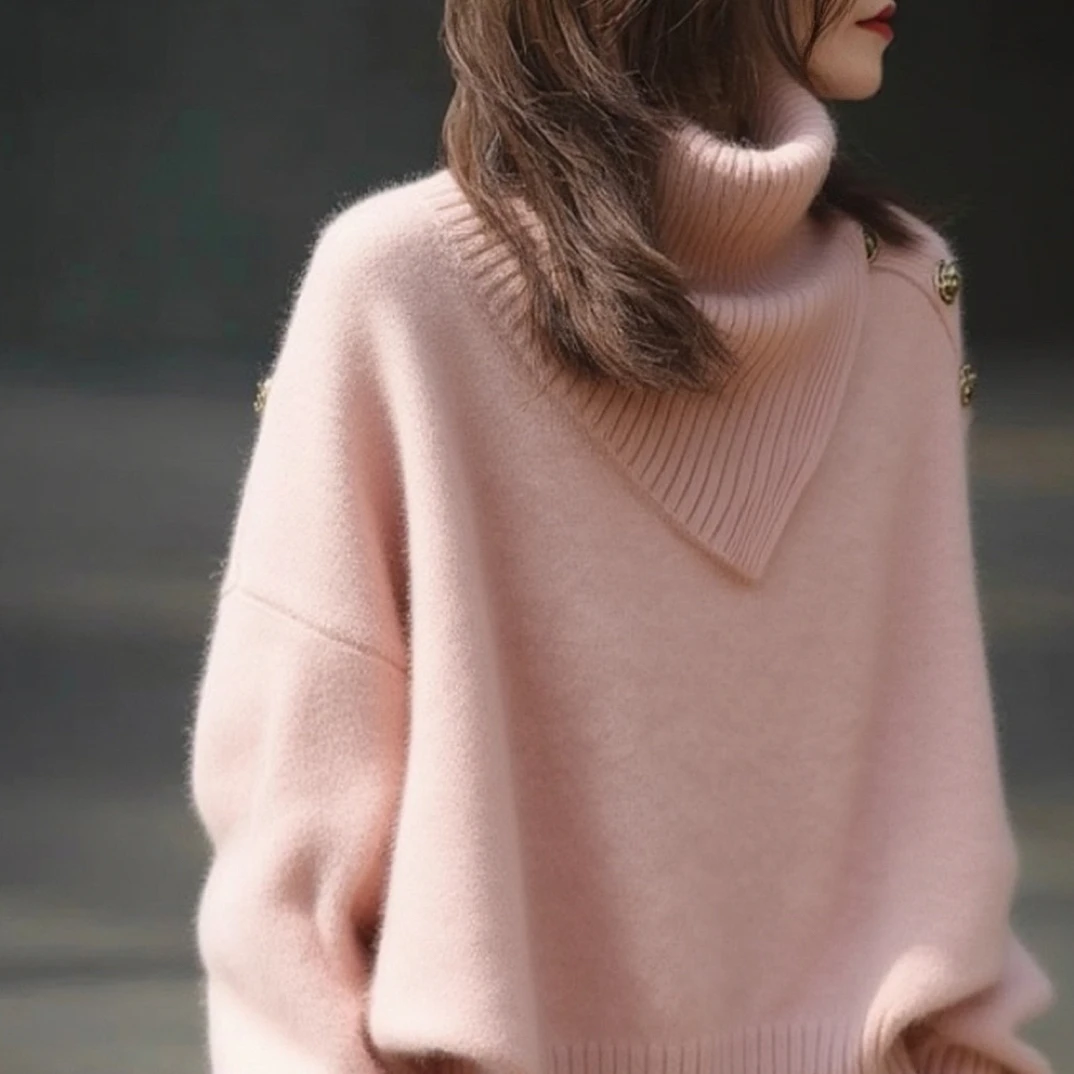 2025新款秋冬慵懒风钻扣针织衫女小众设计气质宽松上衣外穿洋气潮