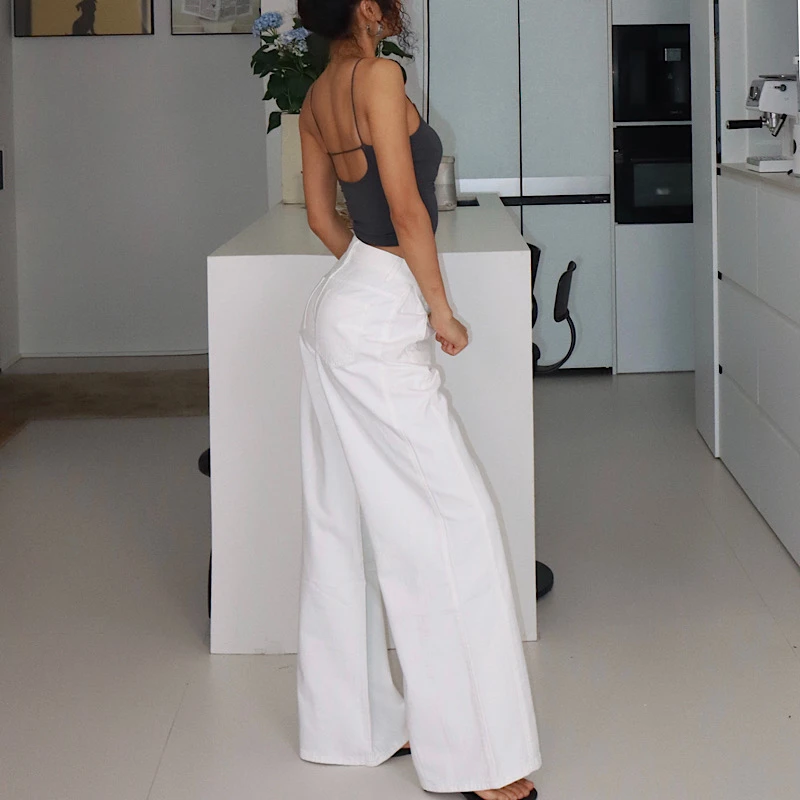 akiyo studio欧美高腰深蓝色阔腿拖地牛仔裤女宽松显瘦长裤