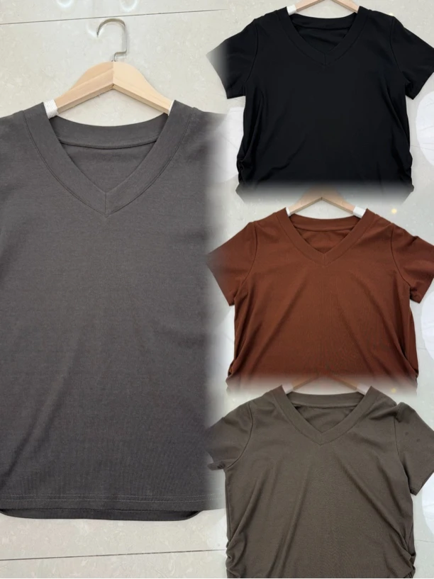T恤抽褶V领显瘦宽松百搭收褶圆领半袖纯色短袖