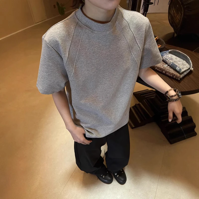 美式重磅空气层拼接正肩短袖t恤夏季boxy版型抗皱硬挺圆领半袖1-3