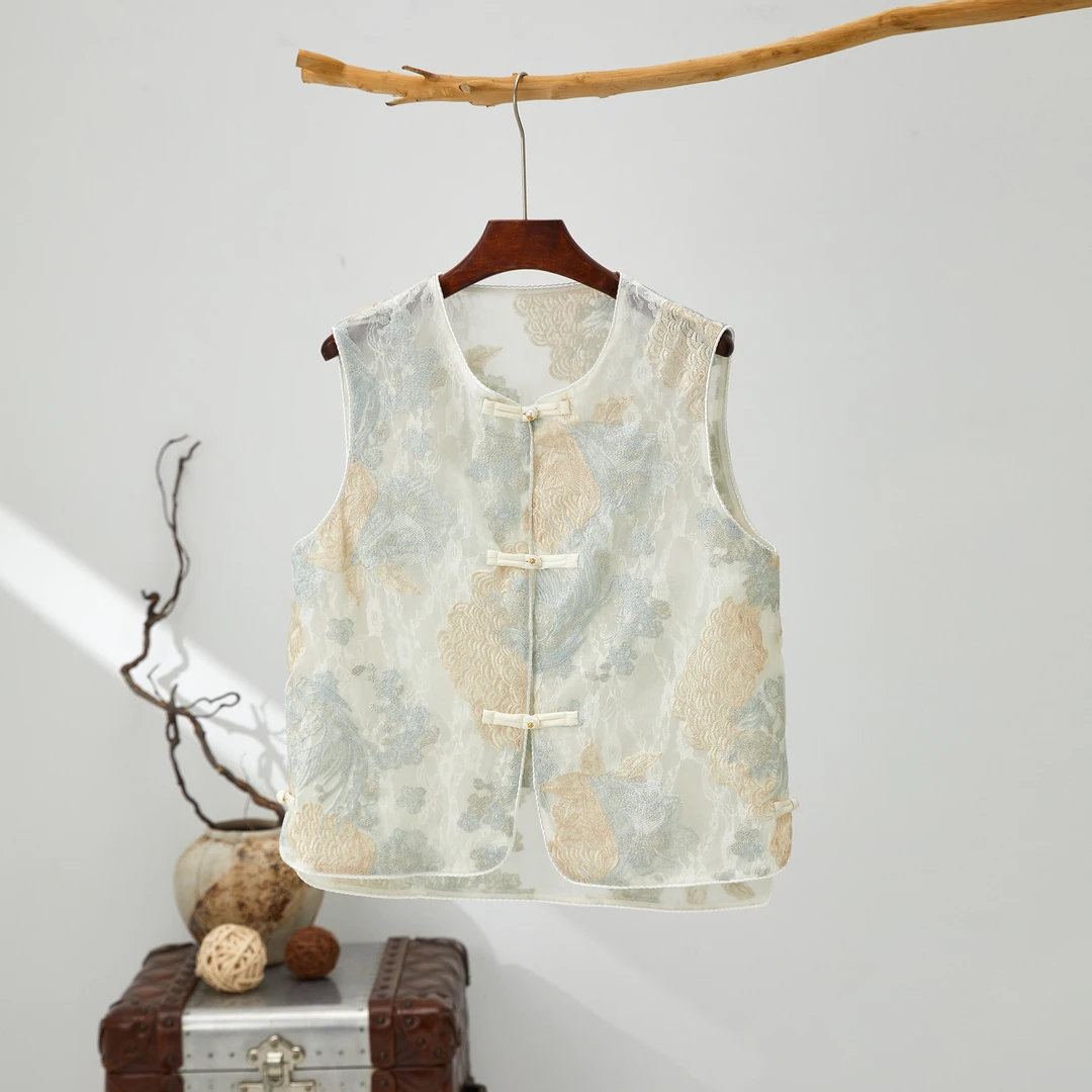 新中式绝美蓝色马甲女夏季薄款欧根纱刺绣花年轻国风背心坎夹