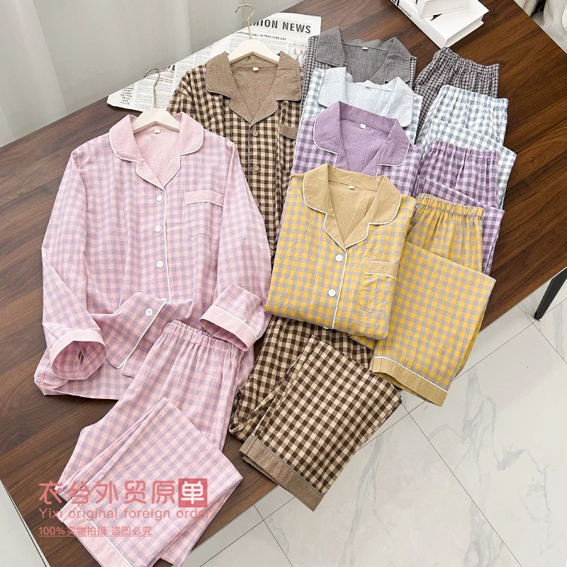 （衣兮复古撞色格纹家居服）情侣款日系清新格子舒适亲肤睡衣套装Z