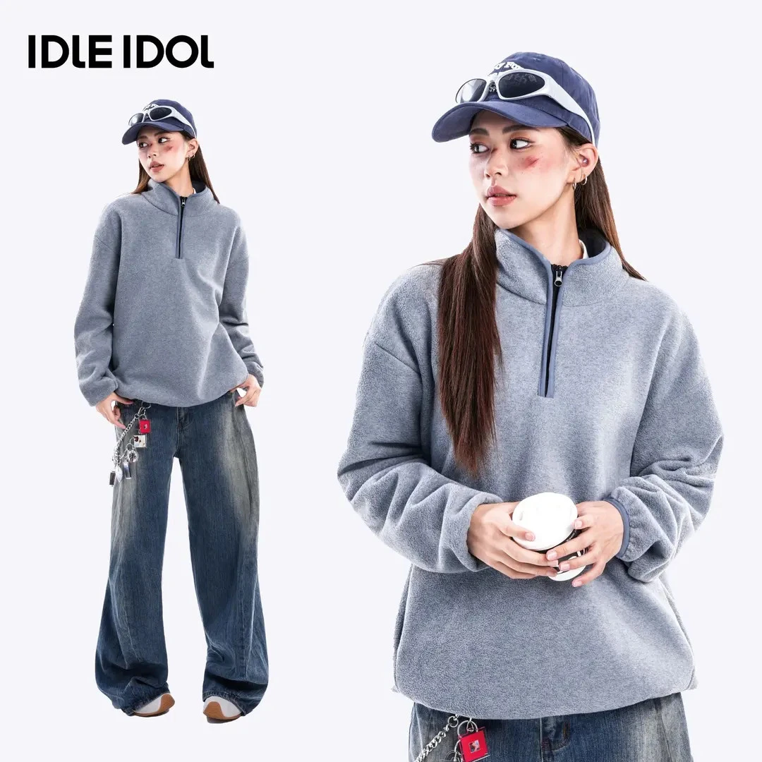 IDLE IDOL爆款磨毛卫衣休闲半开领拉链保暖纯色简约情侣款卫衣