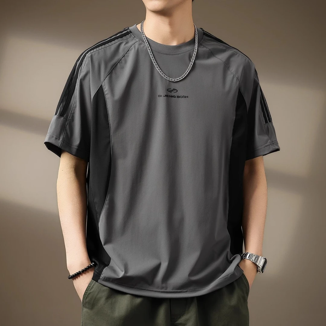 高端冰丝凉感短袖t恤男装夏季新款潮牌宽松运动圆领户外薄款体恤T