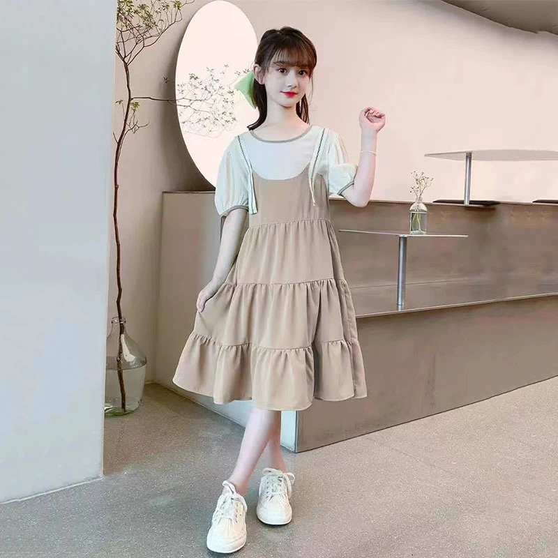 中大童儿童女童连衣裙夏季装2025新款雪纺公主裙假两件吊带裙洋气