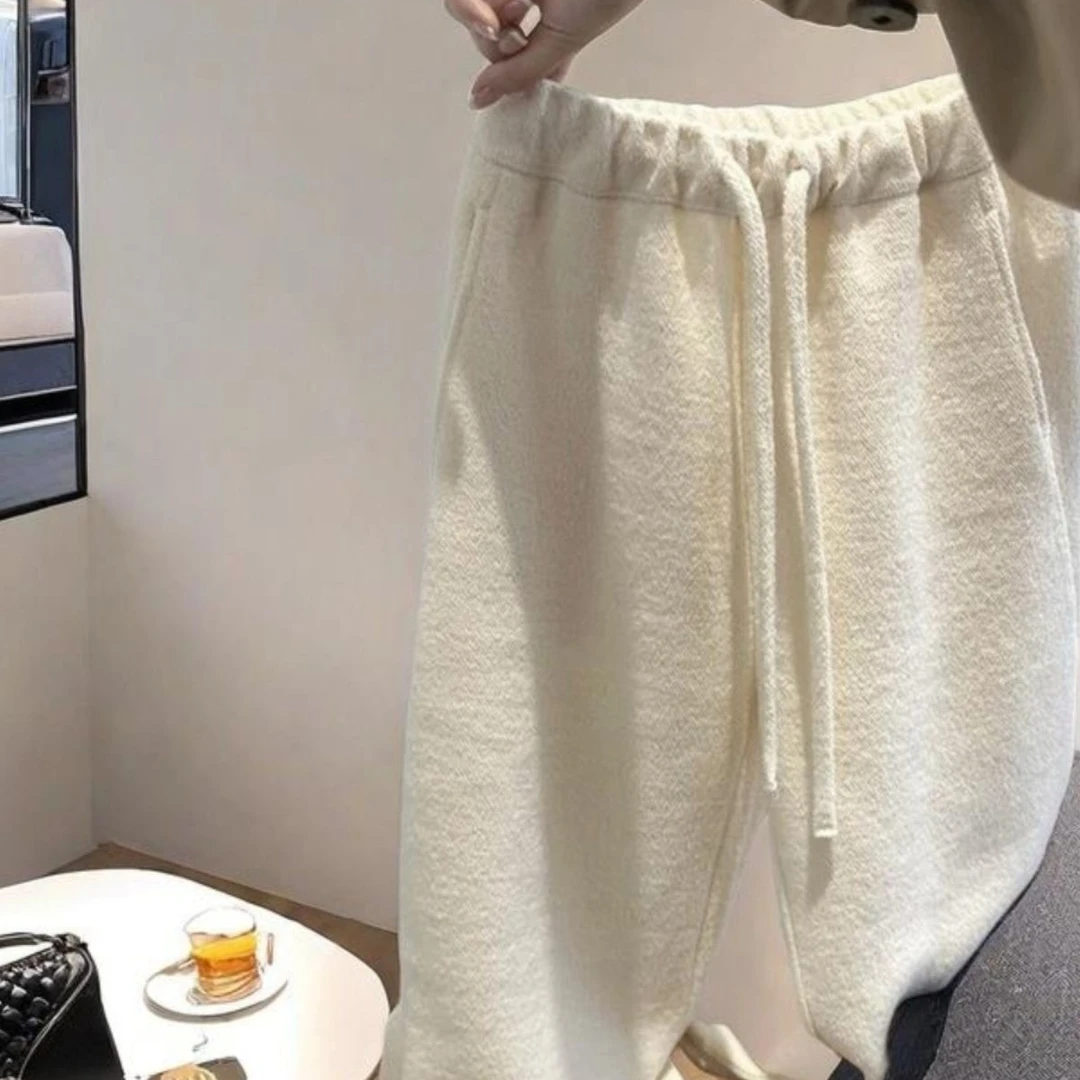 气质通勤风米白显瘦高腰休闲阔腿裤高级松紧腰软糯毛巾长裤子女装