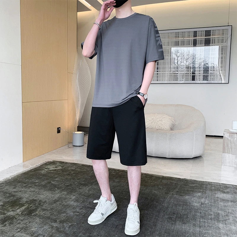 冰丝短袖t恤男士夏季薄款潮流青少年宽松速干休闲运动跑步服套装