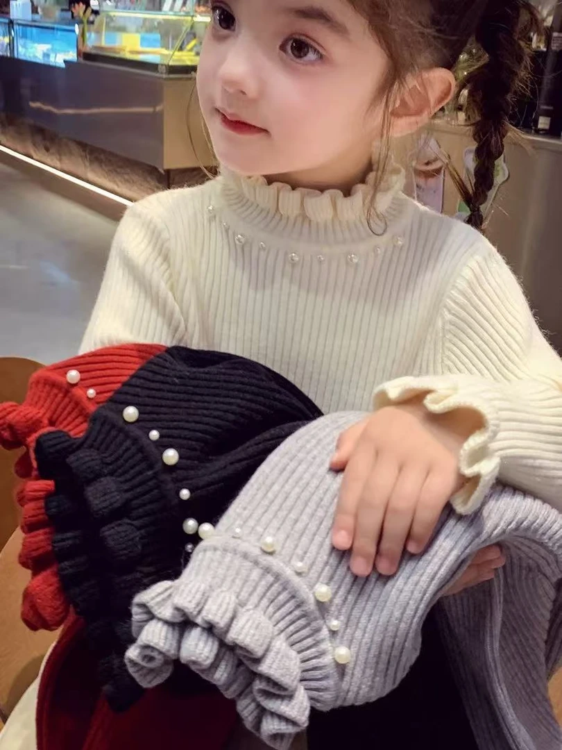 女童打底衫冬装2025新款洋气儿童百搭纯色花边领针织衫小女孩毛衣