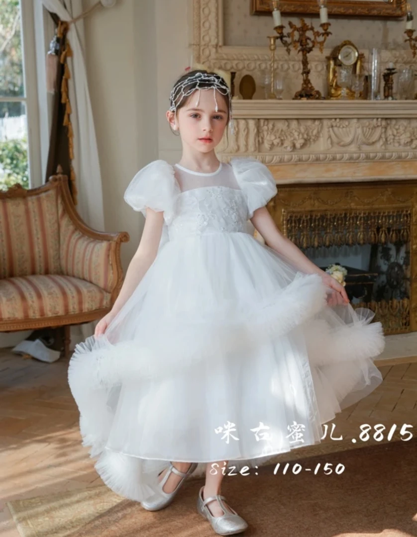 童装女童高级感连衣裙夏季2025新款轻奢发拖尾礼服裙