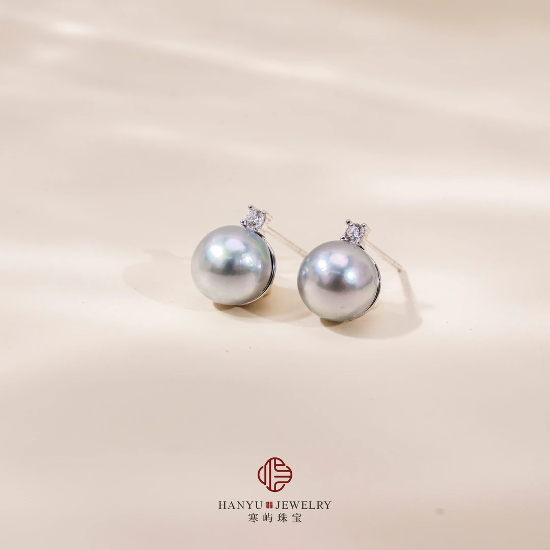 【寒屿珠宝】海水真多麻色珍珠耳钉 戴妃经典 8-9mm S925银
