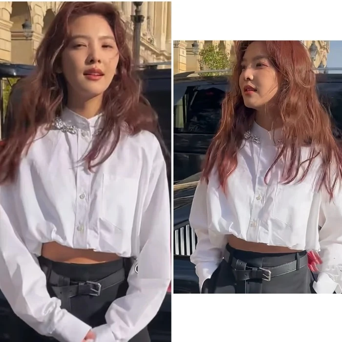 难哄温以凡章若楠春夏白色钉珠水钻立领长袖短款衬衫上衣女衬衣