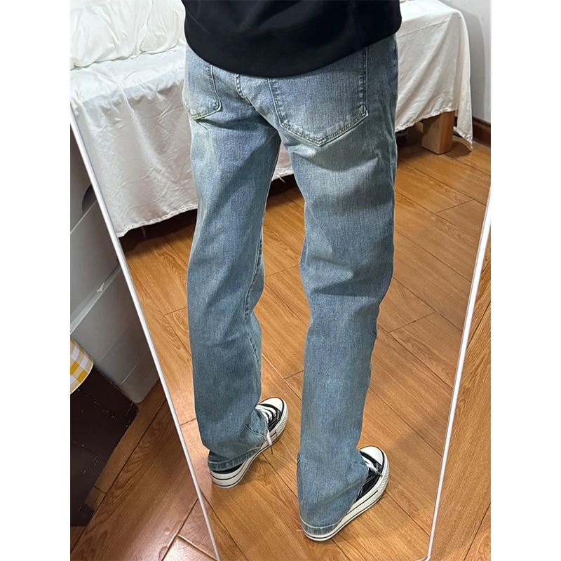 春秋浅蓝色中腰牛仔裤男直筒美式高街vibe裤子修身显瘦窄版长裤男